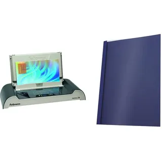 Fellowes 5641001 Büro Thermobindegerät Helios 30 platin/schwarz & Pavo Thermo-bindemappen A4, Rückenbreite 6 mm, 25-er Pack, 41-60 Blatt, blau