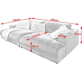 KAWOLA Big Sofa XL MADELINE mit Holztablett natur für Armlehne Cord steingrau