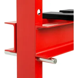 Eberth Hydraulikpresse 12T mit Manometer, 6-fach verstellbar, Arbeitshöhe 910 mm, Arbeitsbreite 513 mm, Gesamthöhe 1610 mm, 2 Auflagebacken, rot