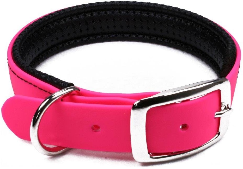 LENNIE BioThane Halsband, gepolstert, Dornschnalle, 25 mm breit, Größe 32-40 cm, Neon-Pink, Aufdruck möglich