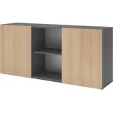 bümö Sideboard Graphit/Eiche - Büromöbel Sideboard Holz 160cm breit, 42cm schmal, Büro Schrank mit Schwebetür für Flur oder als