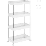 Songmics Rollwagen, Küchenwagen, Küchenregal, Nischenregal, mit 6 Haken, 360° drehbare Räder, Stahlgestell, Bad, Küche, Büro, 4 Ebenen, weiß KSC10WT
