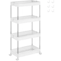 Songmics Rollwagen, Küchenwagen, Küchenregal, Nischenregal, mit 6 Haken, 360° drehbare Räder, Stahlgestell, Bad, Küche, Büro, 4 Ebenen, weiß KSC10WT