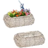Relaxdays Blumentopf, 2er Set, Rattan, Pflanzentöpfe mit Folie, HBT: 10 x 25 x 15 cm, Pflanzkörbe für innen, weiß/Natur