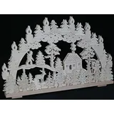 Rudolphs Schatzkiste Schwibbogen mit Waldmotiv mit Jäger Haus Schneemann und Beleuchtung BxHxT 70x44x7cm NEU Lichterbogen Fensterbogen Spitzbogen Erzgebirge Seiffen Weihnachten Licht Holz Dekoration