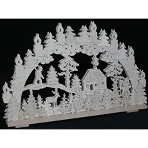 Rudolphs Schatzkiste Schwibbogen mit Waldmotiv mit Jäger Haus Schneemann und Beleuchtung BxHxT 70x44x7cm NEU Lichterbogen Fensterbogen Spitzbogen Erzgebirge Seiffen Weihnachten Licht Holz Dekoration