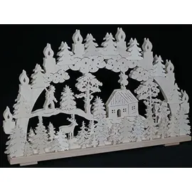Rudolphs Schatzkiste Schwibbogen mit Waldmotiv mit Jäger Haus Schneemann und Beleuchtung BxHxT 70x44x7cm NEU Lichterbogen Fensterbogen Spitzbogen Erzgebirge Seiffen Weihnachten Licht Holz Dekoration