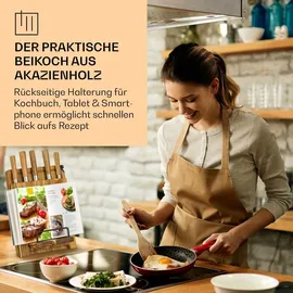 Klarstein Küchenmesser Set mit Messerblock Selbstschärfend, Messerset mit Akazienholz-Messerblock, 5 Scharfe Messer, Kratzfeste Edelstahl-Messer