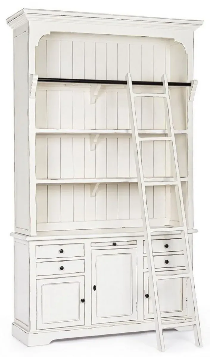 Casa Padrino Landhausstil Schrank mit Leiter Antik Weiß 143,5 x 40,6 x H. 233,7 cm - Bücherschrank - Regalschrank - Wohnzimmerschrank - Büroschrank - Landhausstil Möbel