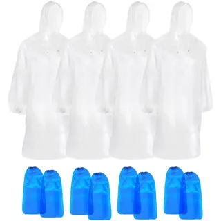 QEEQPF QEEQPF 4 Stück Einweg-Regenponchos, Notfall-Regenmäntel, wasserdichte Ponchos, transparente, leichte Regenmäntel mit Kapuze mit Kordelzug, leichter Regen mit Kapuze, Damen und Herren, mit 4 Paa - Einheitsgröße