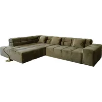 KAWOLA Sofa NEVADA Ecksofa Velvet olivgrün Recamiere links mit motorischem Sitzvorzug - Grün