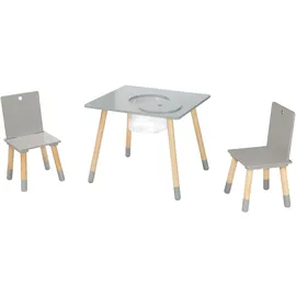 roba Kindersitzgruppe aus Holz mit Stauraum - Kindermöbel Set aus 2 Kinderstühlen & 1 Tisch - Kindertisch Set inkl. Aufbewahrungsnetz Grau / Natur