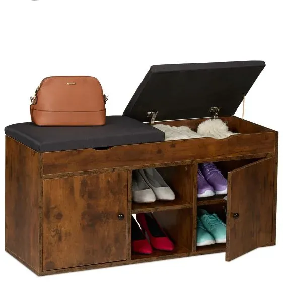 Relaxdays Schuhbank mit klappbarer Sitzfläche Braun,Schwarz