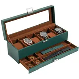 LuxusKollektion Uhrenbox Uhrenbox 6 Fächer Glasdeckel Uhrenkissen Schmuck Grün 6-Slot Grün grün