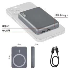EMOS Powerbank WI 522, 5000 mAh MagSafe mit Passthrough und Wireless-Charging, USB-C-Ausgang inkl. Kabel, für iPhone, iPad, Smartwatch, grau, B0555GY - Grau