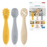Reer 23072 Kleinkind-Besteck Beige, Blau, Gelb Silikon Babylöffel Little Yummie mit verschiedene Strkturen, Anti-Rutschnoppen | Baby-led Weaning | Lernbesteck/Lernlöffel | Baby Besteckset | 100% lebensmittelechtes Silikon