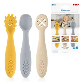 Reer 23072 Kleinkind-Besteck Beige, Blau, Gelb Silikon Babylöffel Little Yummie mit verschiedene Strkturen, Anti-Rutschnoppen | Baby-led Weaning | Lernbesteck/Lernlöffel | Baby Besteckset | 100% lebensmittelechtes Silikon