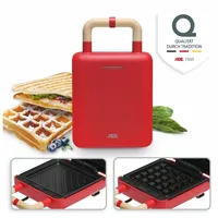 ADE 2-in-1-Kombi-Waffeleisen KG2138, 600 W, Wechselplatten für Belgische Waffeln, XL-Sandwiches, gebratene Eier rot