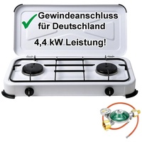 Gaskocher (inkl. Gasschlauch und Manometerregler), Campingkocher 2-flammig, mit Deckel Propangas Herd Gasherd 50 mbar weiß