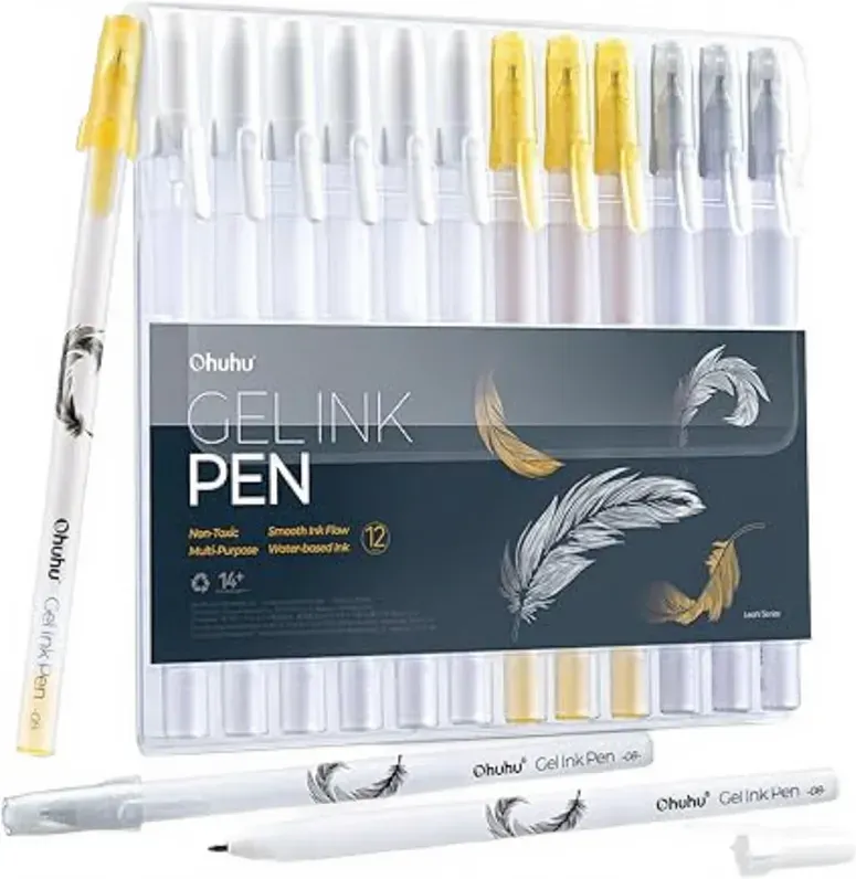 Ohuhu Gelstifte – Gold, Silber & Weiß, zum Zeichnen, Schreiben und Gestalten von Karten auf schwarzem Papier, extra feine Spitze, 12 Stifte