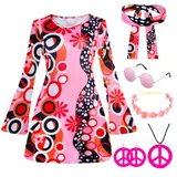 Hippie Kostüm Damen 60er 70er Jahre Bekleidung Damen, 60er 70er Disco Kostüm Damen, Faschingskostüme Flower Power Kleidung Damen, 7-teiliges Hippie Kostüm Set mit Hippie Kleid Hippie Accessoires