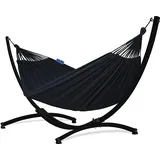 Potenza Outdoor Hängematte mit Gestell für 2 Personen I Baumwolle Doppelhängematte XXL 220x160, 200kg I Hängemattengestell 220kg, wetterfest (Schwarz, Gestell Schwarz)