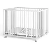 Sämann® Laufgitter 75x100 cm mit Matratze und Schlupfsprossen, stufenlos höhenverstellbar, Baby Laufstall, Buche, gummierte Rollen, Buche weiß lackiert