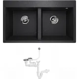 QLS Granitspüle Doppelbecken Küchenspüle Einbauspüle Spülbecken Elle 2.0 Siphon Graphitschwarz - Schwarz