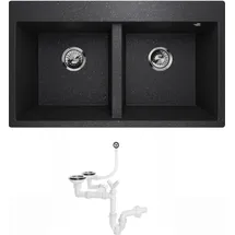 QLS Granitspüle Doppelbecken Küchenspüle Einbauspüle Spülbecken Elle 2.0 Siphon Graphitschwarz - Schwarz