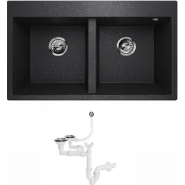 QLS Granitspüle Doppelbecken Küchenspüle Einbauspüle Spülbecken Elle 2.0 Siphon Graphitschwarz - Schwarz