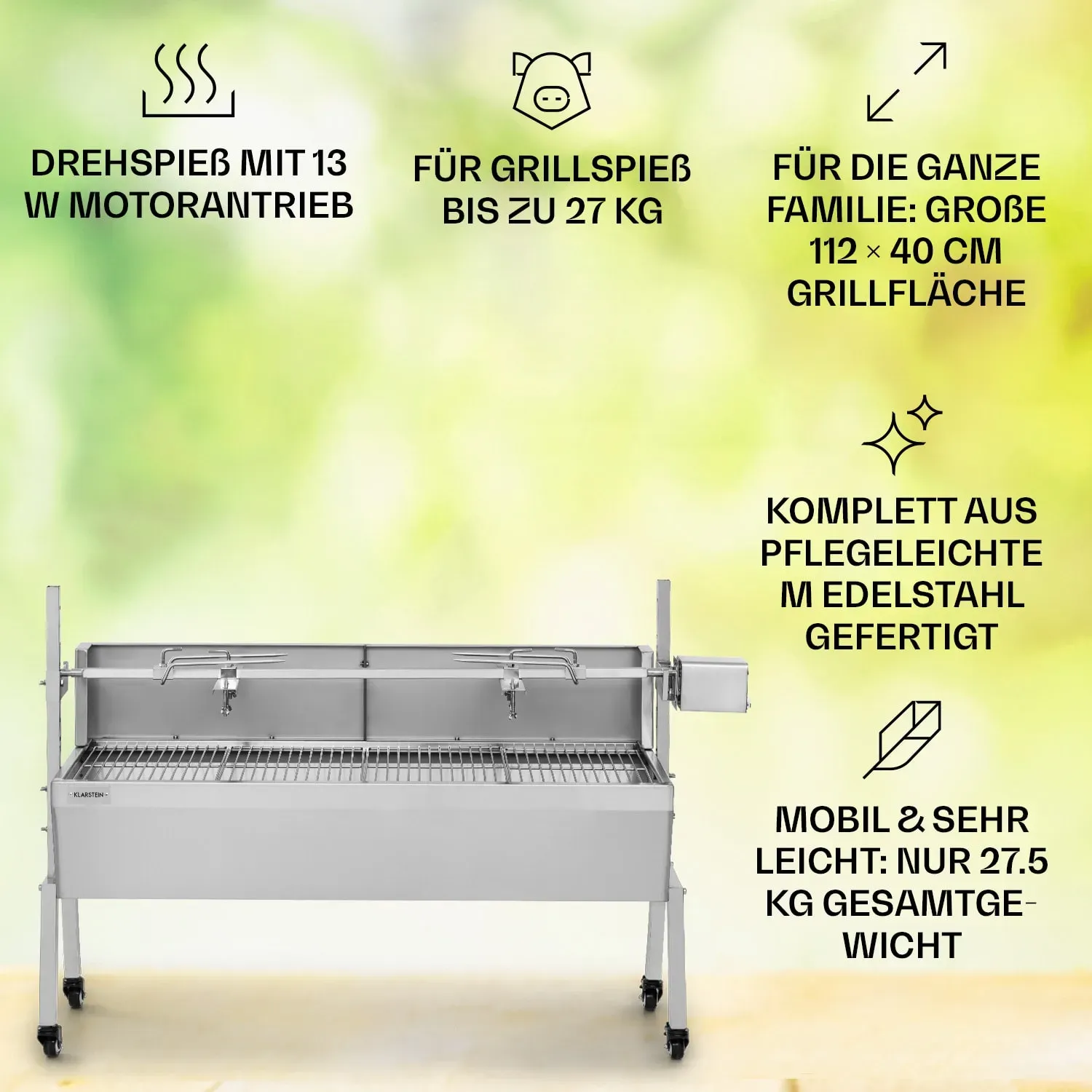 Sauenland Pro Spanferkelgrill Drehspieß 13W 4 Rollen Edelstahl