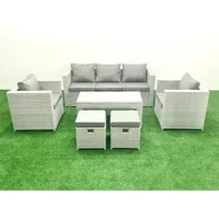 Polyrattan Gartenmöbel Set 7-Sitzer Outdoor Garten Sofa Rechteckiger Couchtisch Set mit 2 Sesseln 2 Hockern Hellgrau gemischt - Fimous