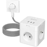 Steckdosenwürfel mit 3 USB, 4 Fach Flachstecker Mehrfachsteckdose mit Einzeln Schalter, Steckdosenleiste mit USB C, 7 in 1 Power Steckdose mit 2M Geflochtenem Kable, Steckerleiste für Büro Reisen,Weiß