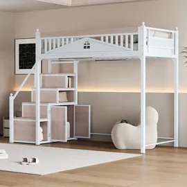 XDOVET Metall-Hochbett,Metall-Sicherheitszaun mit Metallkugel,Fensterdesign,Kletterleiter von links nach rechts austauschbar,Sicherheitsleiter mit Spinden