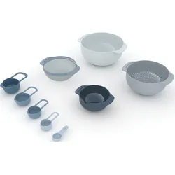 Schüssel JOSEPH JOSEPH "Editions Nest 9 Plus", blau, Polypropylen, Schüsseln, Plastikschüssel Rührschüssel, (Rührschüssel, Abtropfsieb, Sieb, Rührschüssel, 4 x Messbecher)