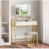 Mondeer Schminktisch mit LED Beleuchtung, und Hocker Kosmetiktisch mit 2 Schubladen - Weiß/Gold