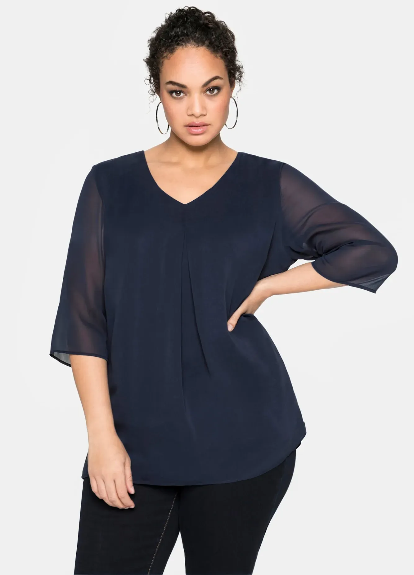Longbluse SHEEGO, Damen, Gr. 56, blau (marine), 100% Polyester, unifarben, V-Ausschnitt, Blusen Longbluse