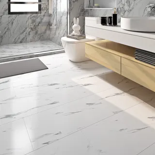 FunStick Selbstklebende PVC Bodenbelag Marmoroptik Weiß 30X60CM 5 Stück Klebefliesen Bad Boden Fliesenaufkleber Küche Vinyl Boden Fliesen Selbstklebend Marmor Laminatboden Wasserfest Linoleum Boden