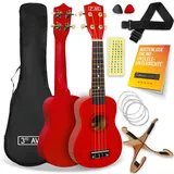 3rd Avenue Sopran-Ukulele mit 54 cm/21“, Anfängerset – Tasche, Ständer, Gurt, Saiten, Plektren und Griffbrett-Aufkleber – in Rot – KOSTENLOSE 1-monatige Online-Lektionen