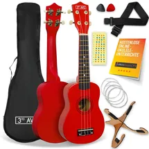 3rd Avenue Sopran-Ukulele mit 54 cm/21“, Anfängerset – Tasche, Ständer, Gurt, Saiten, Plektren und Griffbrett-Aufkleber – in Rot – KOSTENLOSE 1-monatige Online-Lektionen