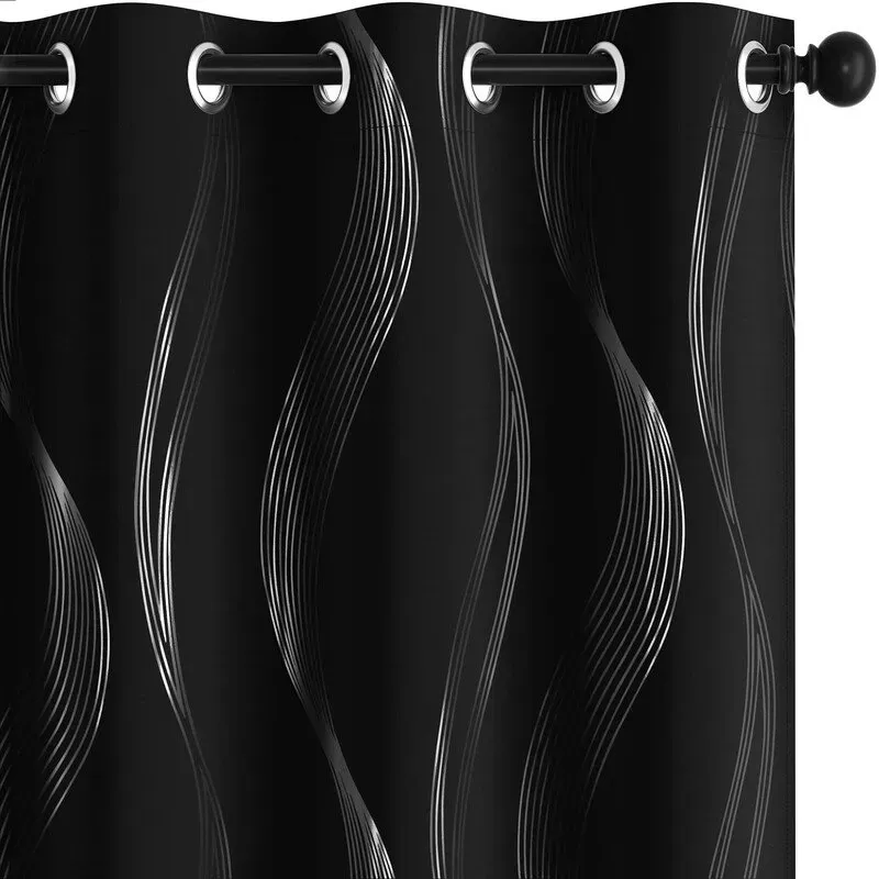 Deconovo Verdunkelungsstore Silberfolien-Print, Wellenform (alt), 2 Stück, B 107 x H 229 cm, weiß, schwarz