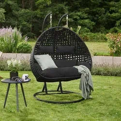 HOME DELUXE - Hängesessel TWIN - Schwarz, Höhe 195 cm - inkl. Gestell, Sitz- und Rückenkissen I Polyrattan Hängestuhl Gartenschaukel Hängekorb