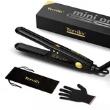 Terviiix Tragbarer Reise-Mini-Haarglätter für kurzes Haar, 1/2 Zoll kleiner Haarglätter, mit Tasche und automatischer Abschaltung, einstellbare Temperatur, Dual Voltage, Turmalin-Keramik, Schwarz