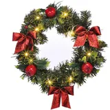 LED Kunst Tannenkranz grün warm weiß beleuchtet mit Timer - Ø 28 cm - Weihnachtskranz mit Dekoration Batterie betrieben - Weihnachten Advent Winter Deko Türkranz Tischkranz