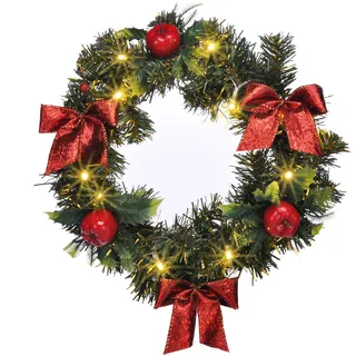 LED Kunst Tannenkranz grün warm weiß beleuchtet mit Timer - Ø 28 cm - Weihnachtskranz mit Dekoration Batterie betrieben - Weihnachten Advent Winter Deko Türkranz Tischkranz