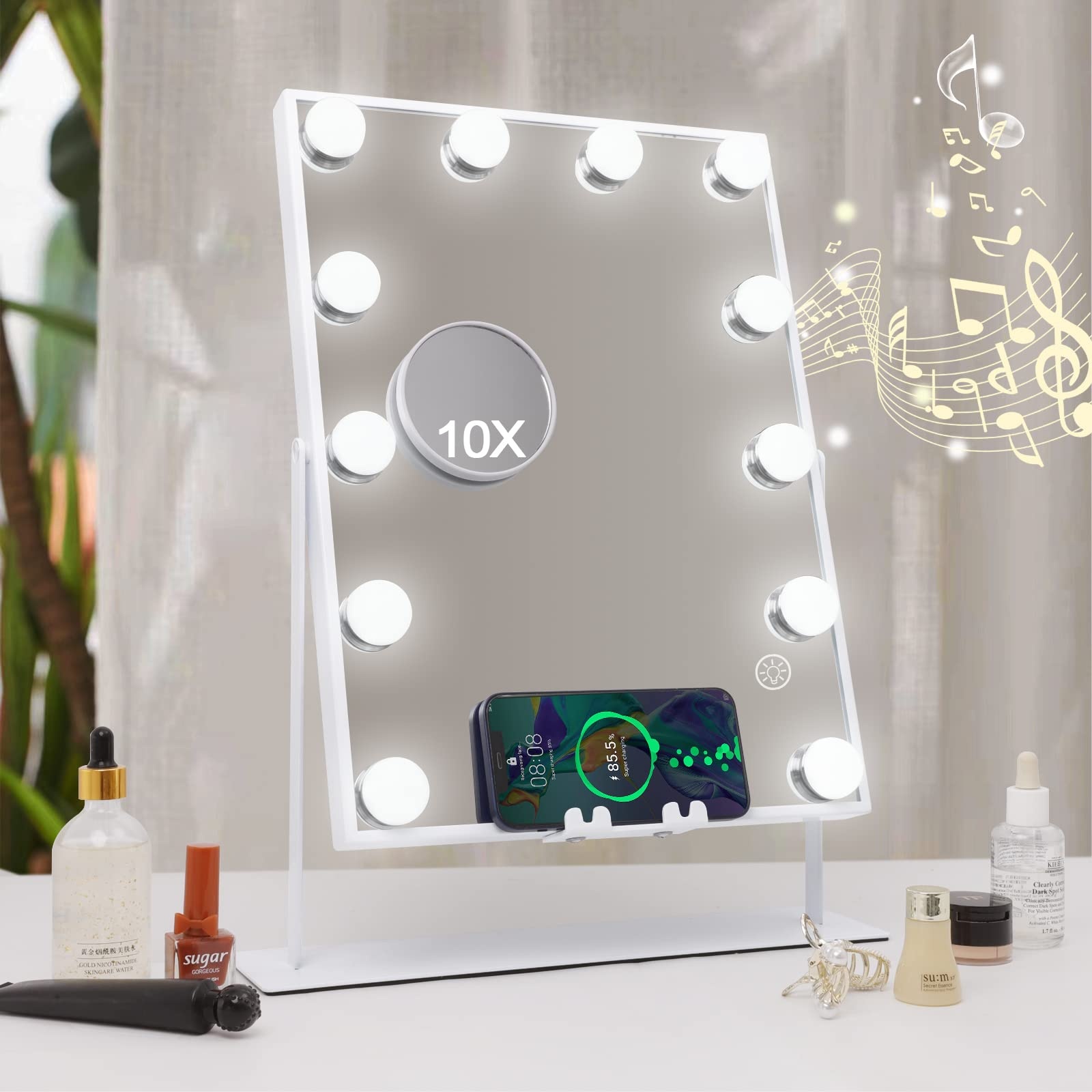 Hansong Lautsprecher Makeup Mirror with Wireless Charging Hollywood Makeup Mirror with 12 Light Bulbs Makeup Mirror with Lights 360 Degree Rotation