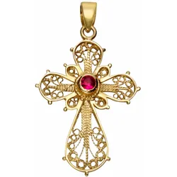 Kreuz-Anhänger FIRETTI "Schmuck Geschenk Gold 375 Halsschmuck Anhänger Halskette Kreuz", gold (gelbgold, 375, rot, rot), Schmuckanhänger, Damen, Gelbgold 375, 1,37 g, mit Rubin