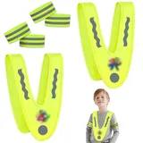 Huahuanghui Warnweste Kinder 2 Stück, Leuchtweste Kinder mit 4 Reflektorband, 360° Schutz Kinder Sicherheitsweste, Reflektorweste Kinder, Warnweste Fahrrad Kinder, Unisex Warnweste V-Form