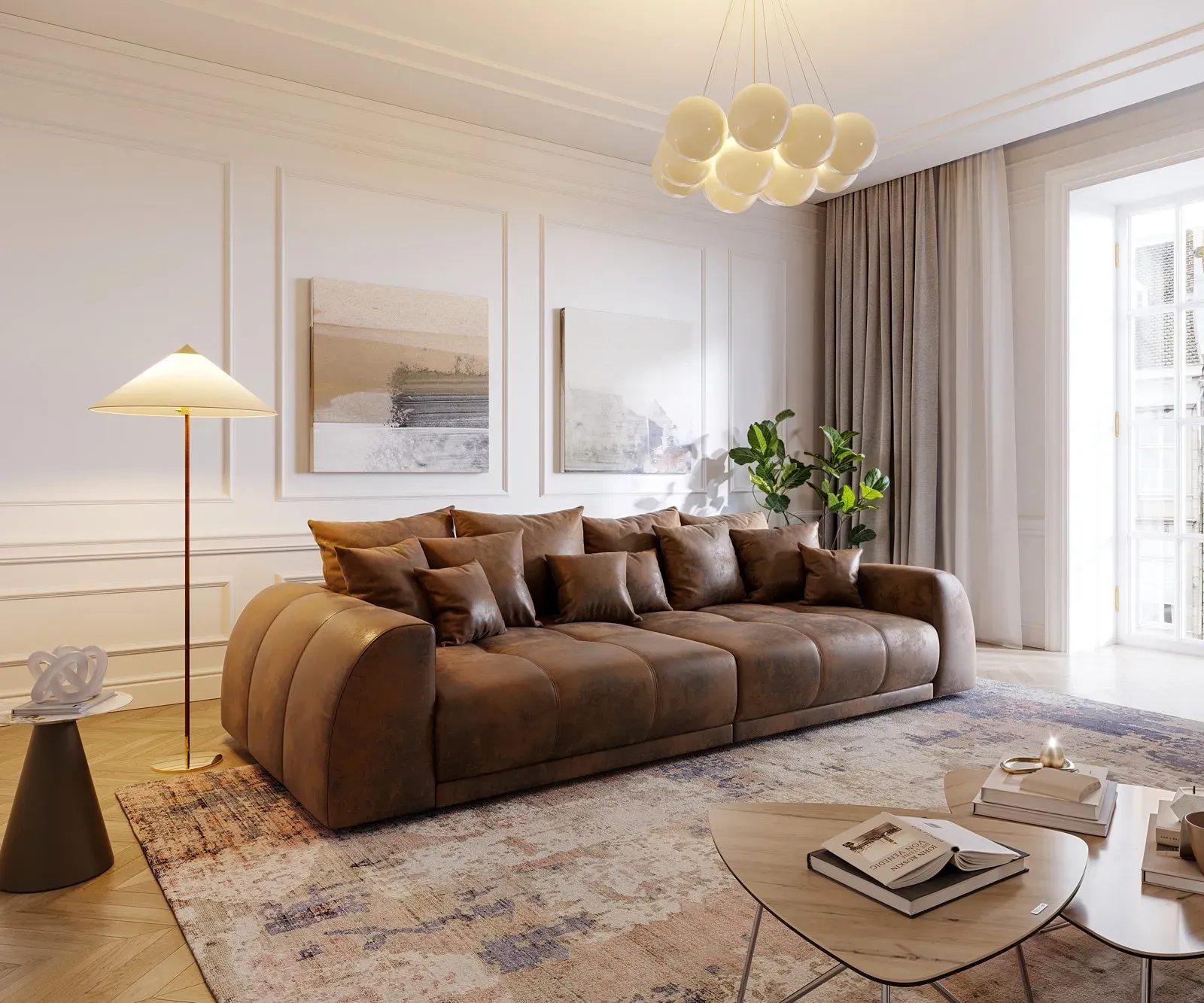 DELIFE Grand Canapé Violetta 310x135 cm marron aspect antique avec coussin grand Grand Canapé, Grands canapés