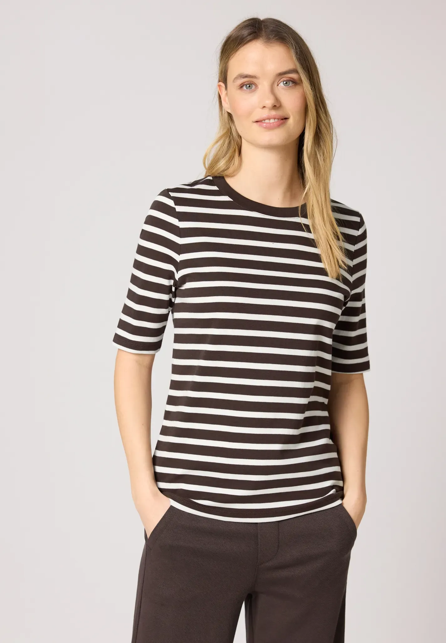 T-Shirt STREET ONE, Damen, Gr. 36, braun (molten earth), Web, 100% Baumwolle, gestreift, normal normal, Rundhals, abgesteppt, Shirts T-Shirt, aus reiner Baumwolle